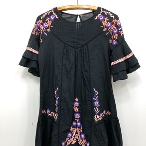 FREE PEOPLE Dress Prairie Boho Embroidered Flounce
